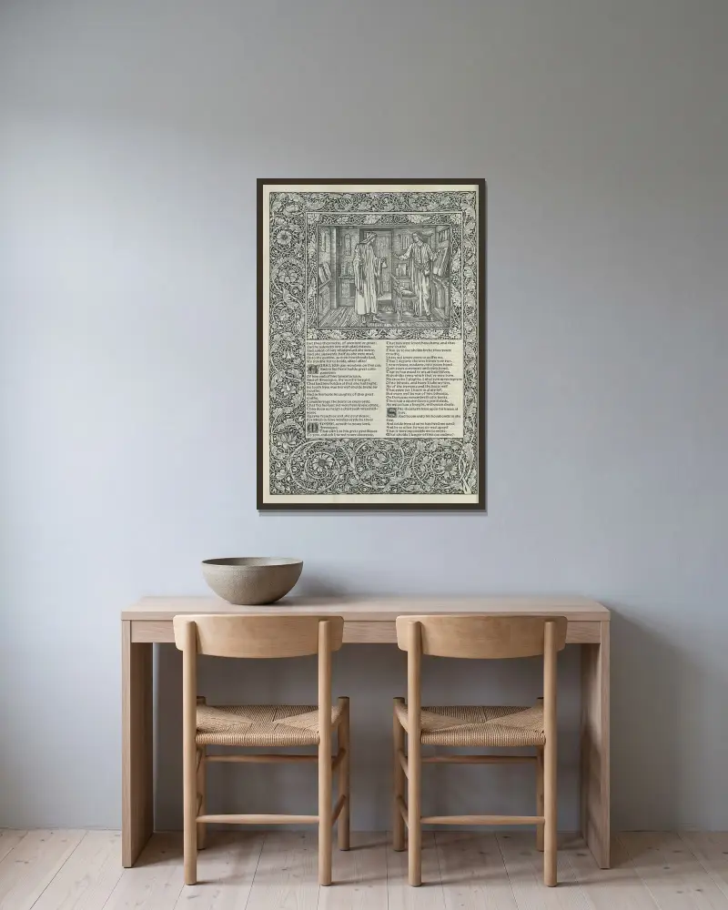 The works of Geoffrey Chaucer Pl.28 av Sir Edward Coley Burne-Jones inramad på en vägg