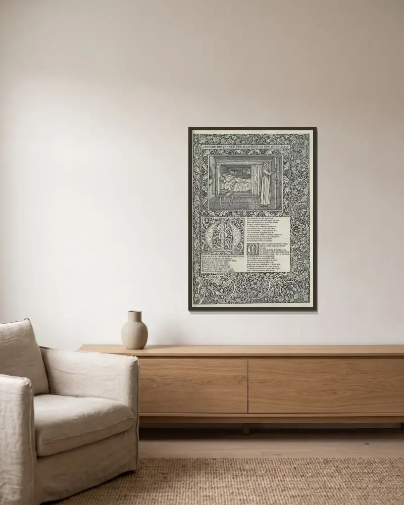 The works of Geoffrey Chaucer Pl.32 av Sir Edward Coley Burne-Jones inramad på en vägg