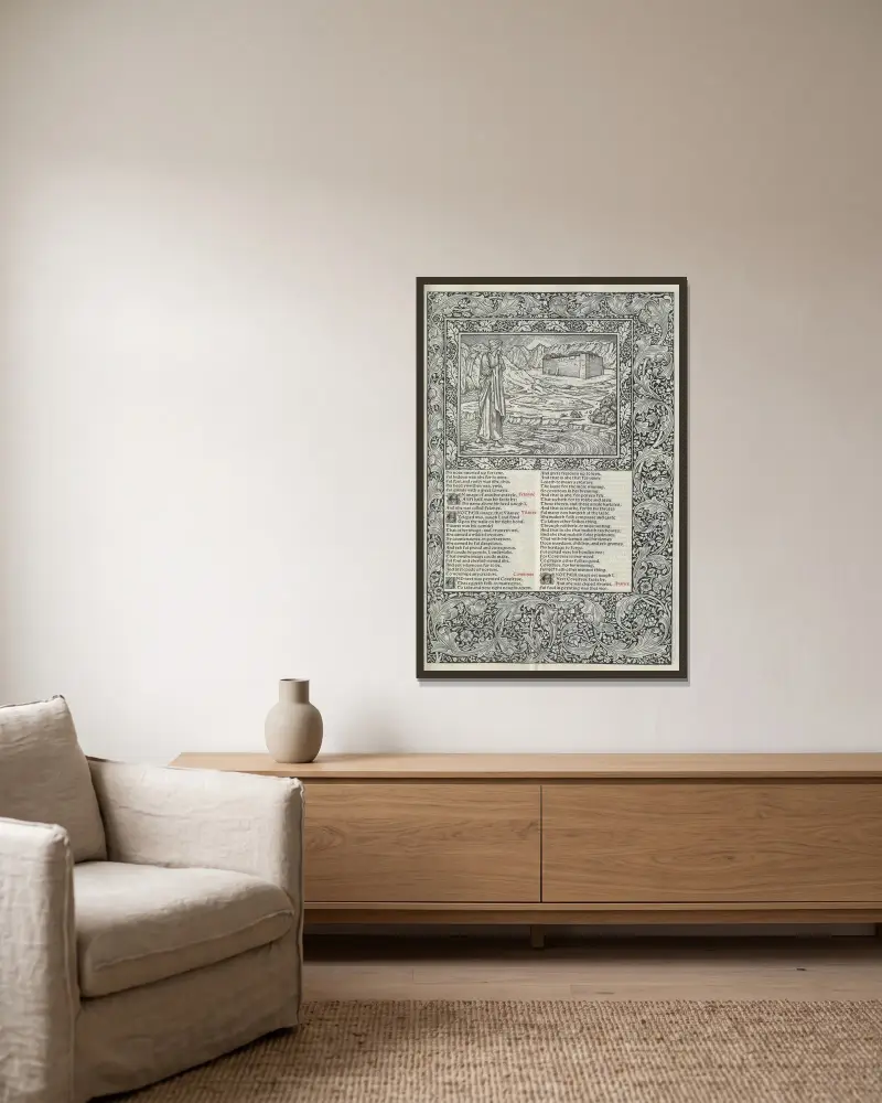 The works of Geoffrey Chaucer Pl.33 av Sir Edward Coley Burne-Jones inramad på en vägg