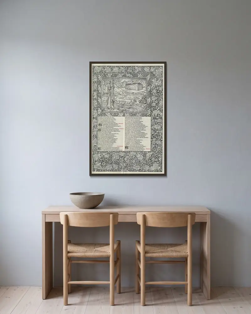 The works of Geoffrey Chaucer Pl.33 av Sir Edward Coley Burne-Jones inramad på en vägg