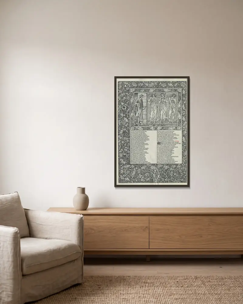The works of Geoffrey Chaucer Pl.34 av Sir Edward Coley Burne-Jones inramad på en vägg