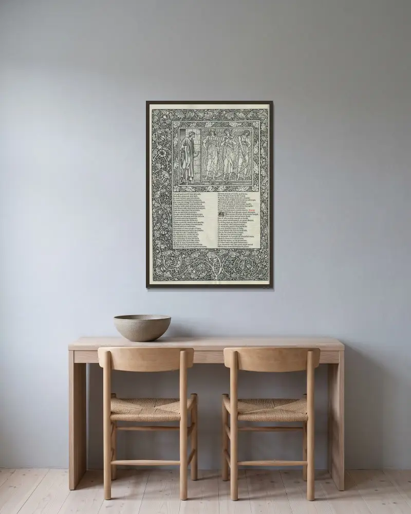 The works of Geoffrey Chaucer Pl.34 av Sir Edward Coley Burne-Jones inramad på en vägg