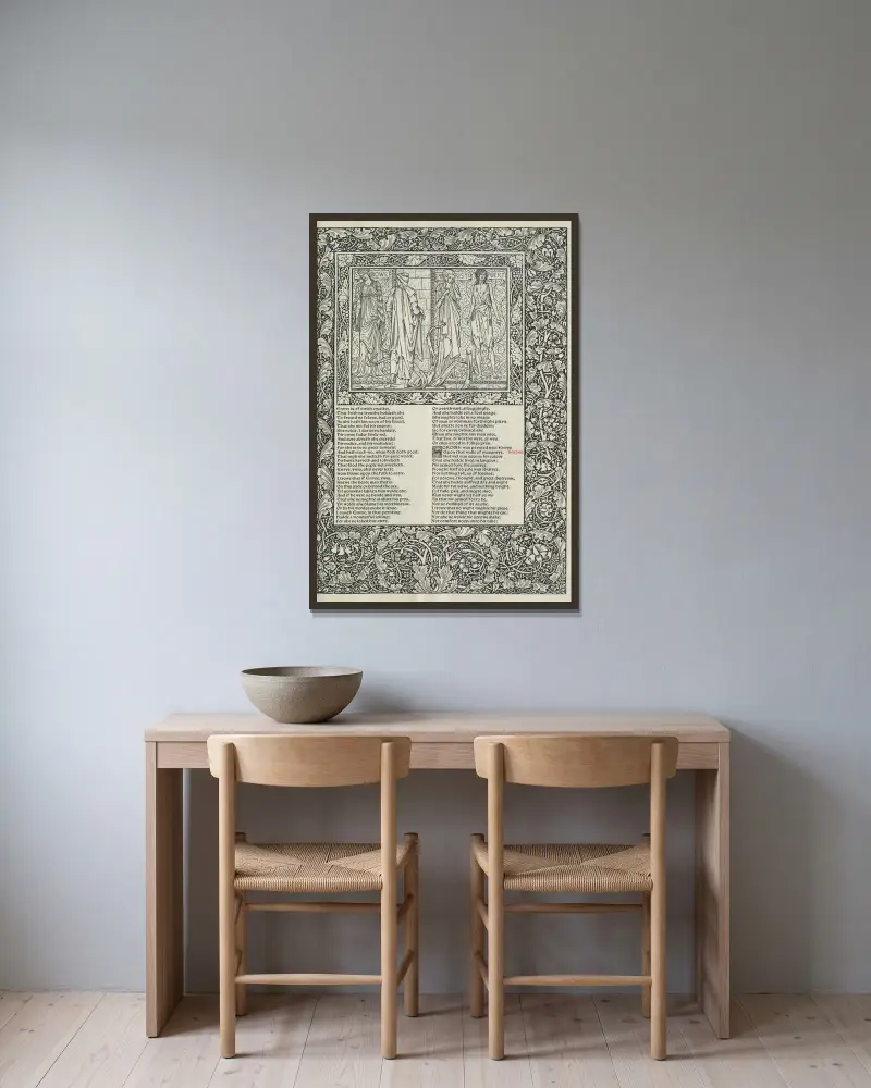 The works of Geoffrey Chaucer Pl.35 av Sir Edward Coley Burne-Jones inramad på en vägg