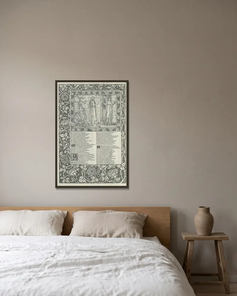 The works of Geoffrey Chaucer Pl.36 av Sir Edward Coley Burne-Jones inramad på en vägg
