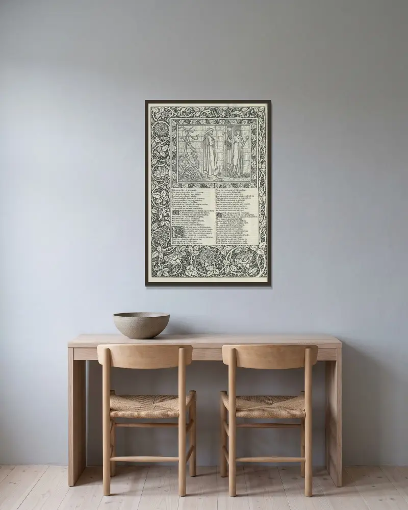 The works of Geoffrey Chaucer Pl.36 av Sir Edward Coley Burne-Jones inramad på en vägg