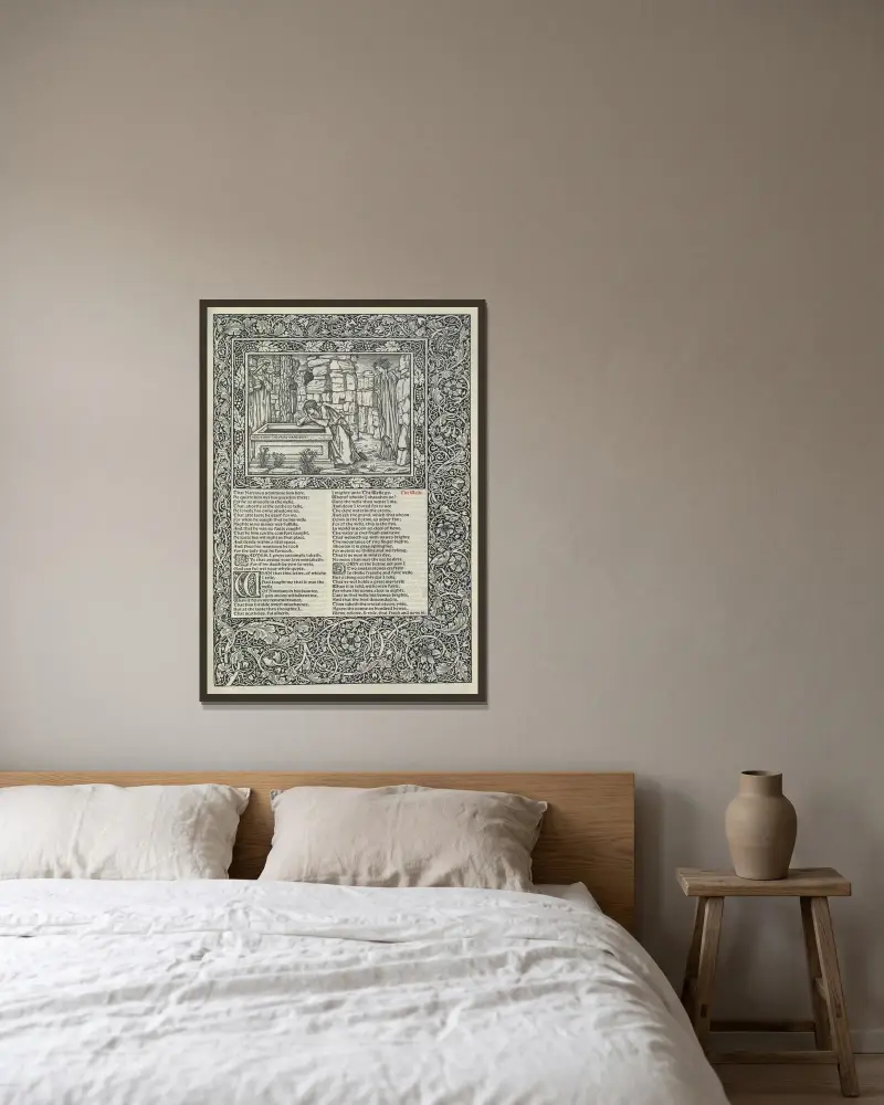 The works of Geoffrey Chaucer Pl.42 av Sir Edward Coley Burne-Jones inramad på en vägg