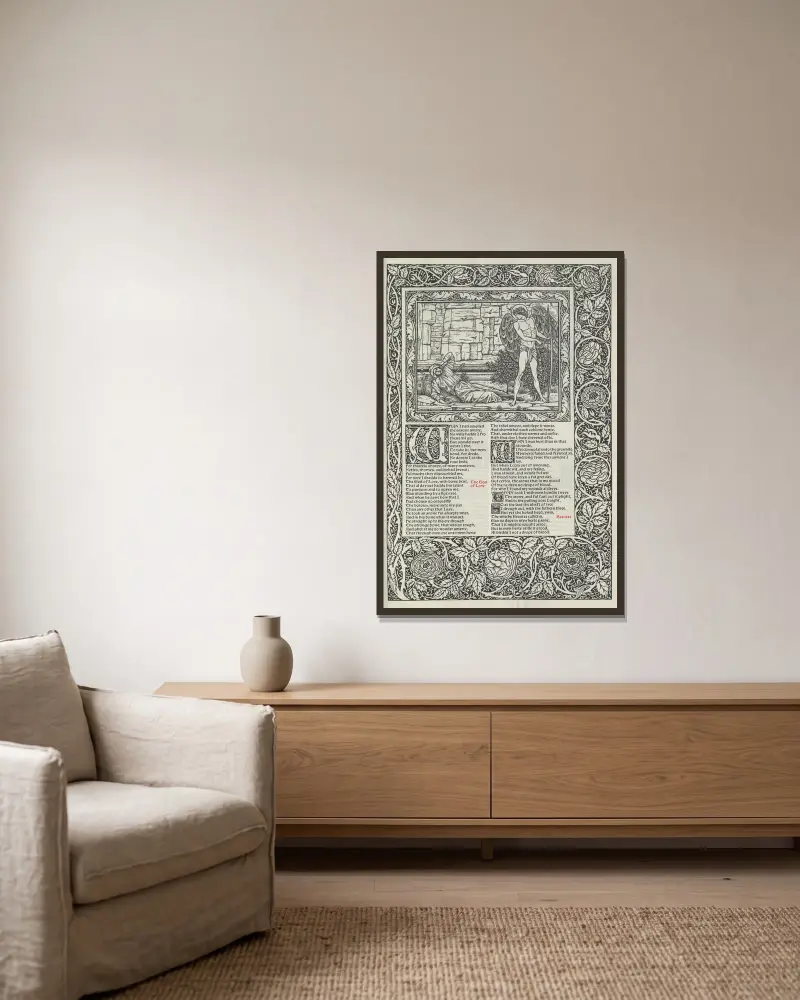 The works of Geoffrey Chaucer Pl.43 av Sir Edward Coley Burne-Jones inramad på en vägg