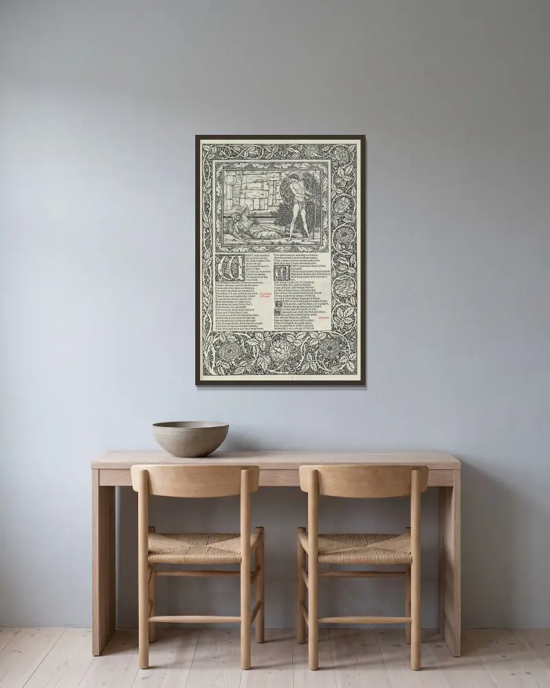 The works of Geoffrey Chaucer Pl.43 av Sir Edward Coley Burne-Jones inramad på en vägg
