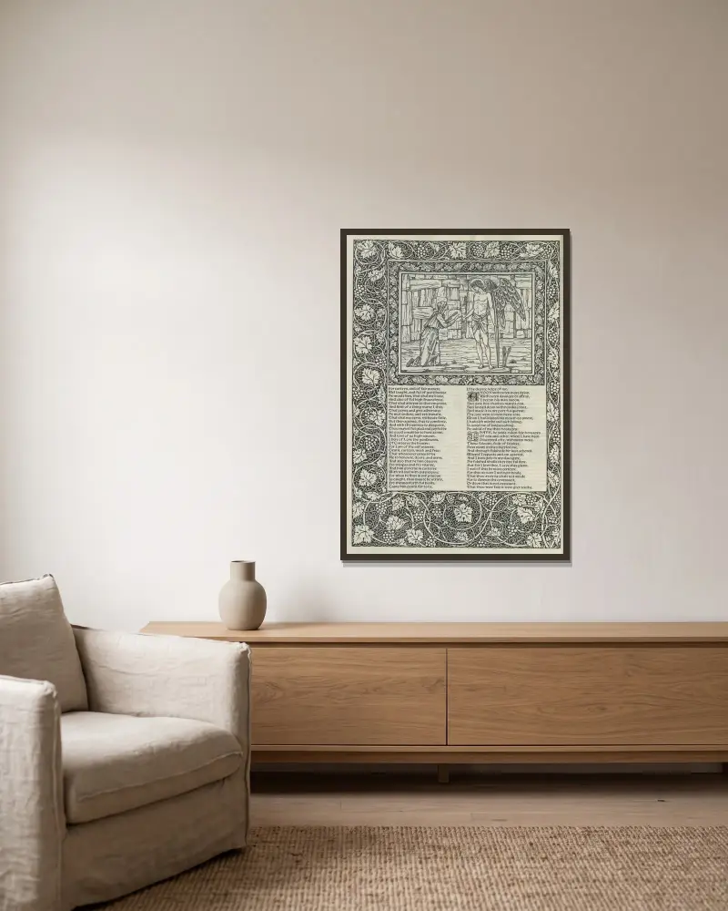 The works of Geoffrey Chaucer Pl.44 av Sir Edward Coley Burne-Jones inramad på en vägg