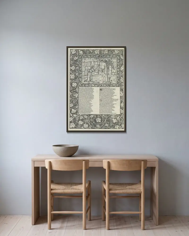 The works of Geoffrey Chaucer Pl.44 av Sir Edward Coley Burne-Jones inramad på en vägg