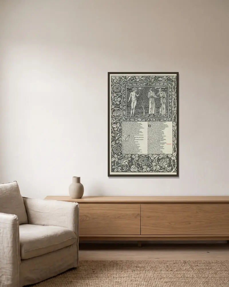 The works of Geoffrey Chaucer Pl.45 av Sir Edward Coley Burne-Jones inramad på en vägg