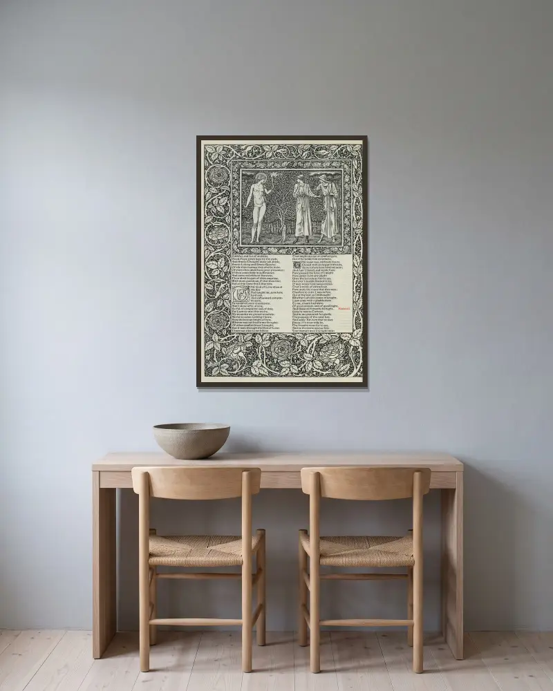 The works of Geoffrey Chaucer Pl.45 av Sir Edward Coley Burne-Jones inramad på en vägg