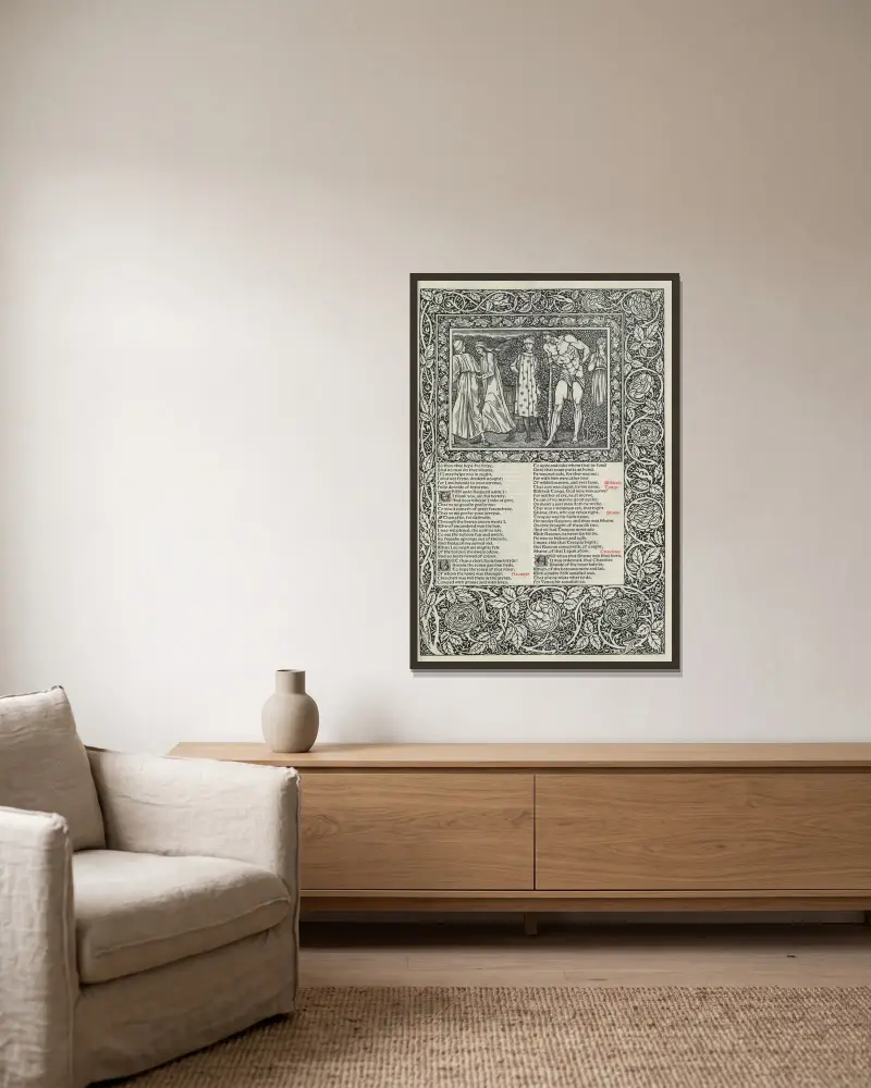 The works of Geoffrey Chaucer Pl.46 av Sir Edward Coley Burne-Jones inramad på en vägg