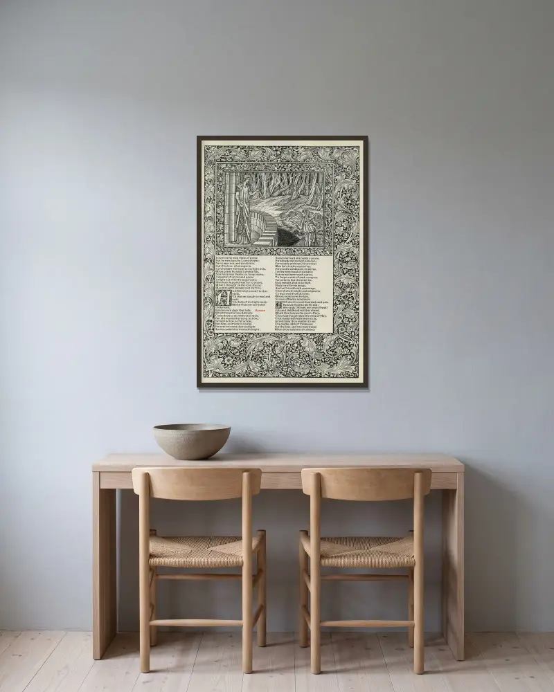 The works of Geoffrey Chaucer Pl.47 av Sir Edward Coley Burne-Jones inramad på en vägg