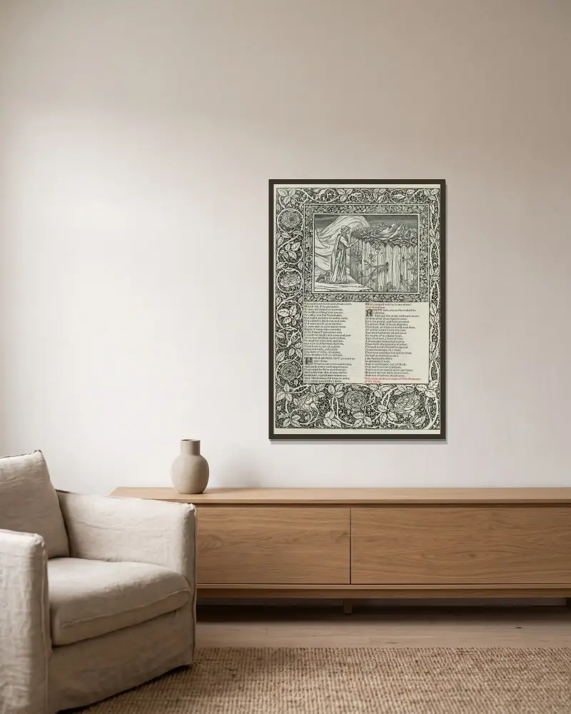 The works of Geoffrey Chaucer Pl.48 av Sir Edward Coley Burne-Jones inramad på en vägg
