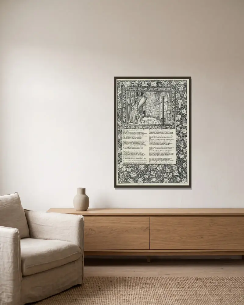 The works of Geoffrey Chaucer Pl.50 av Sir Edward Coley Burne-Jones inramad på en vägg