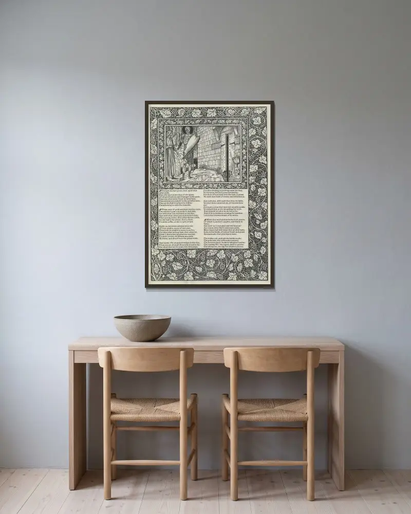 The works of Geoffrey Chaucer Pl.50 av Sir Edward Coley Burne-Jones inramad på en vägg