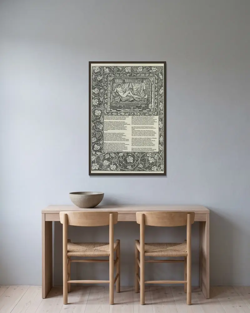 The works of Geoffrey Chaucer Pl.53 av Sir Edward Coley Burne-Jones inramad på en vägg