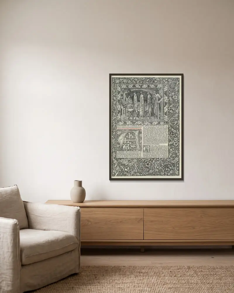The works of Geoffrey Chaucer Pl.55 av Sir Edward Coley Burne-Jones inramad på en vägg