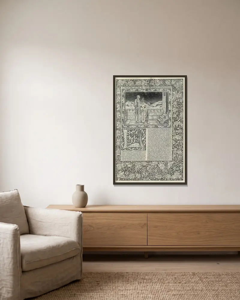 The works of Geoffrey Chaucer Pl.58 av Sir Edward Coley Burne-Jones inramad på en vägg