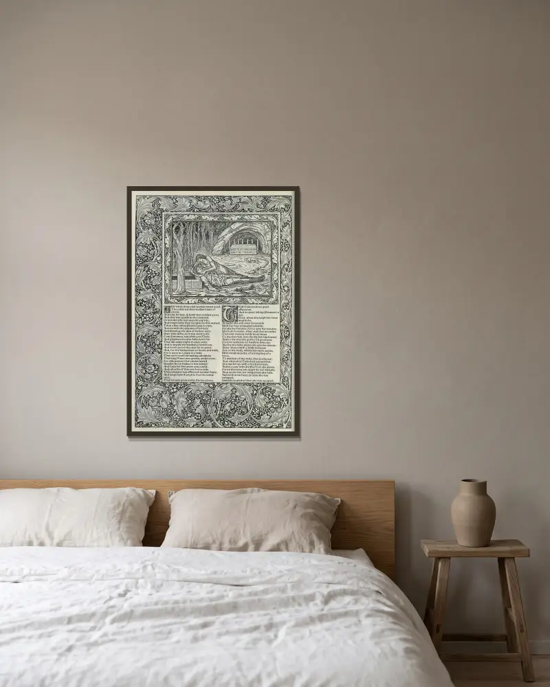The works of Geoffrey Chaucer Pl.61 av Sir Edward Coley Burne-Jones inramad på en vägg