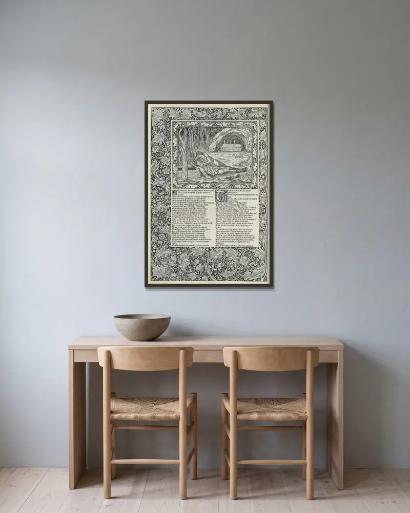 The works of Geoffrey Chaucer Pl.61 av Sir Edward Coley Burne-Jones inramad på en vägg