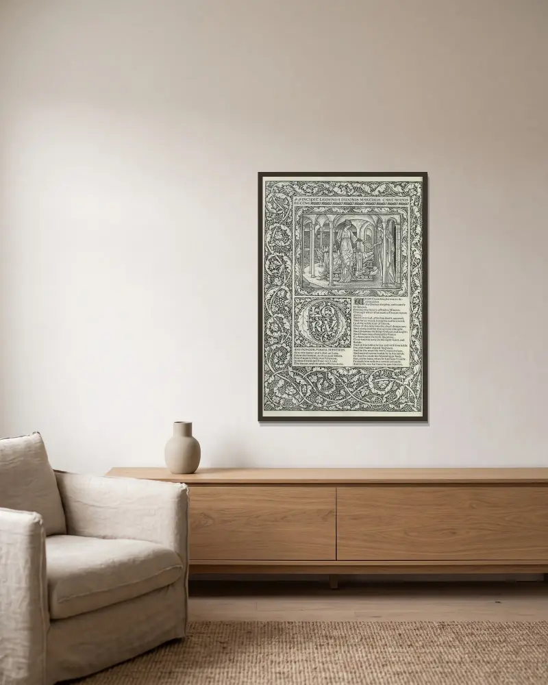 The works of Geoffrey Chaucer Pl.62 av Sir Edward Coley Burne-Jones inramad på en vägg