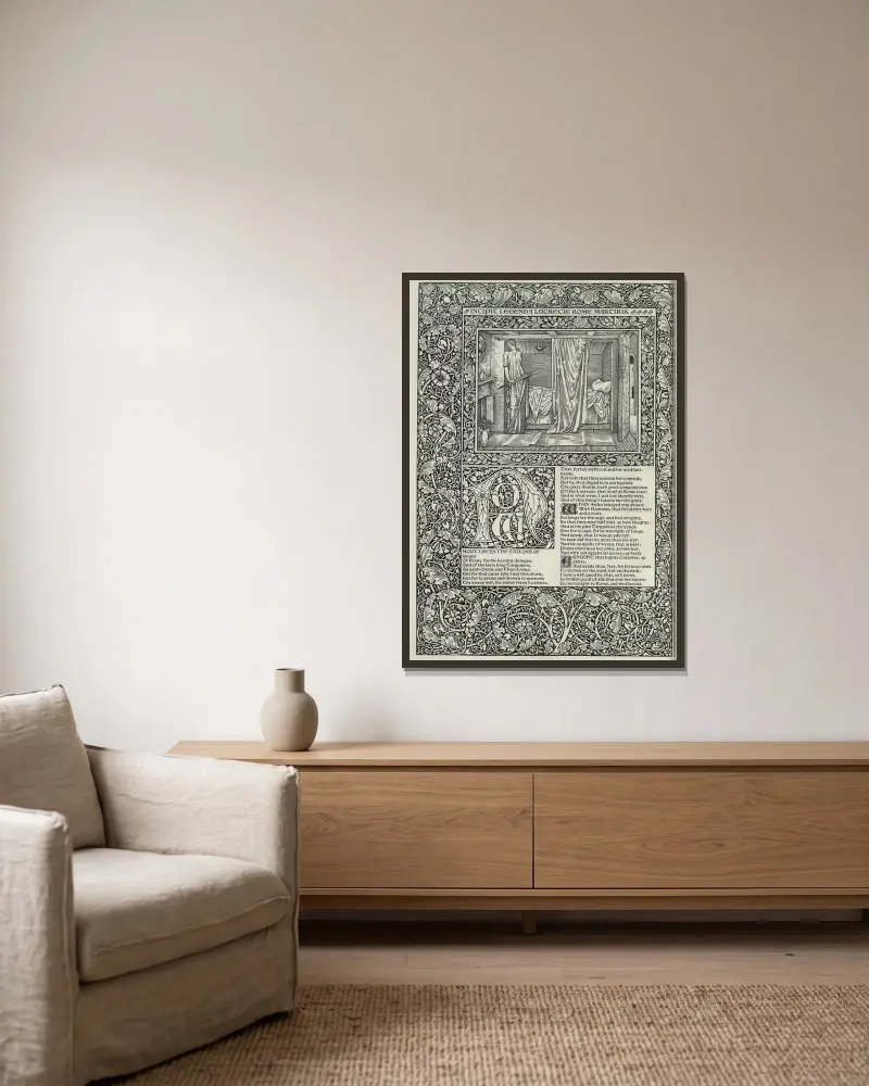 The works of Geoffrey Chaucer Pl.64 av Sir Edward Coley Burne-Jones inramad på en vägg