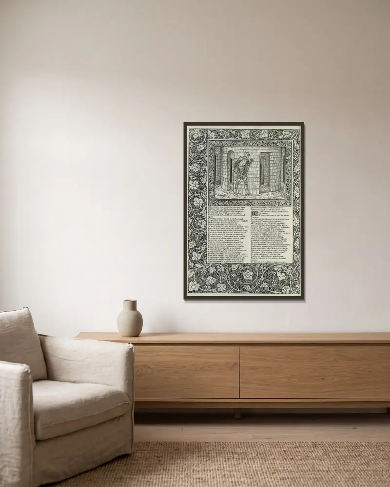 The works of Geoffrey Chaucer Pl.66 av Sir Edward Coley Burne-Jones inramad på en vägg