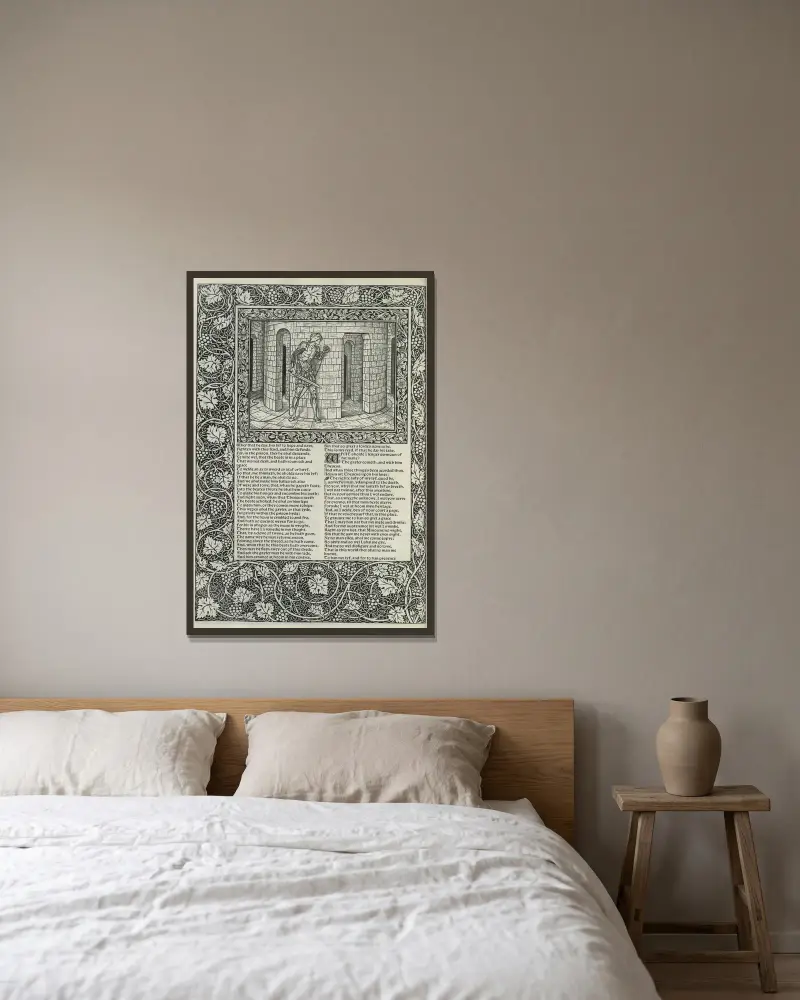 The works of Geoffrey Chaucer Pl.66 av Sir Edward Coley Burne-Jones inramad på en vägg