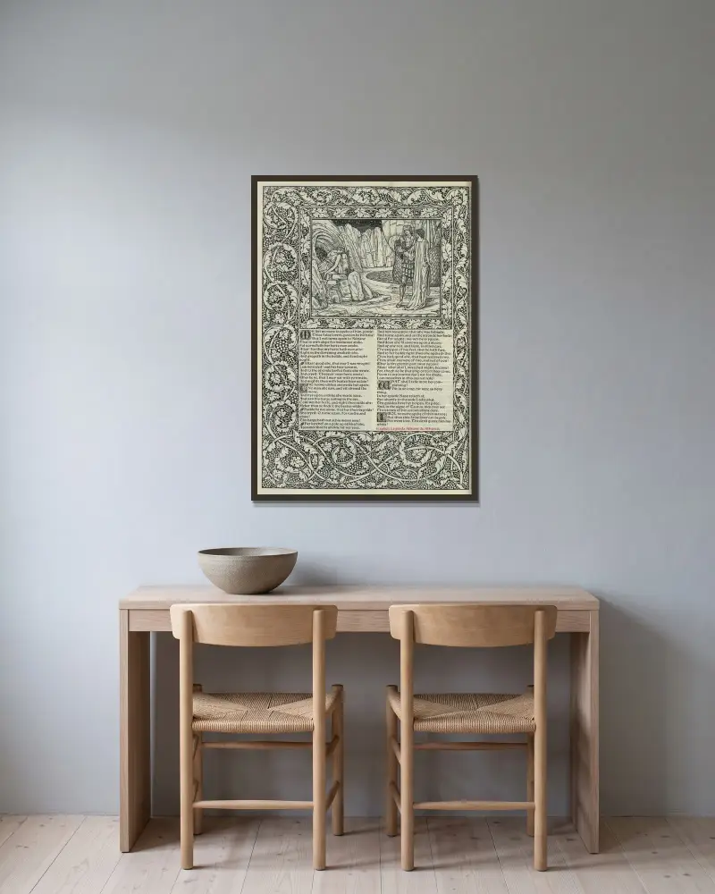 The works of Geoffrey Chaucer Pl.67 av Sir Edward Coley Burne-Jones inramad på en vägg