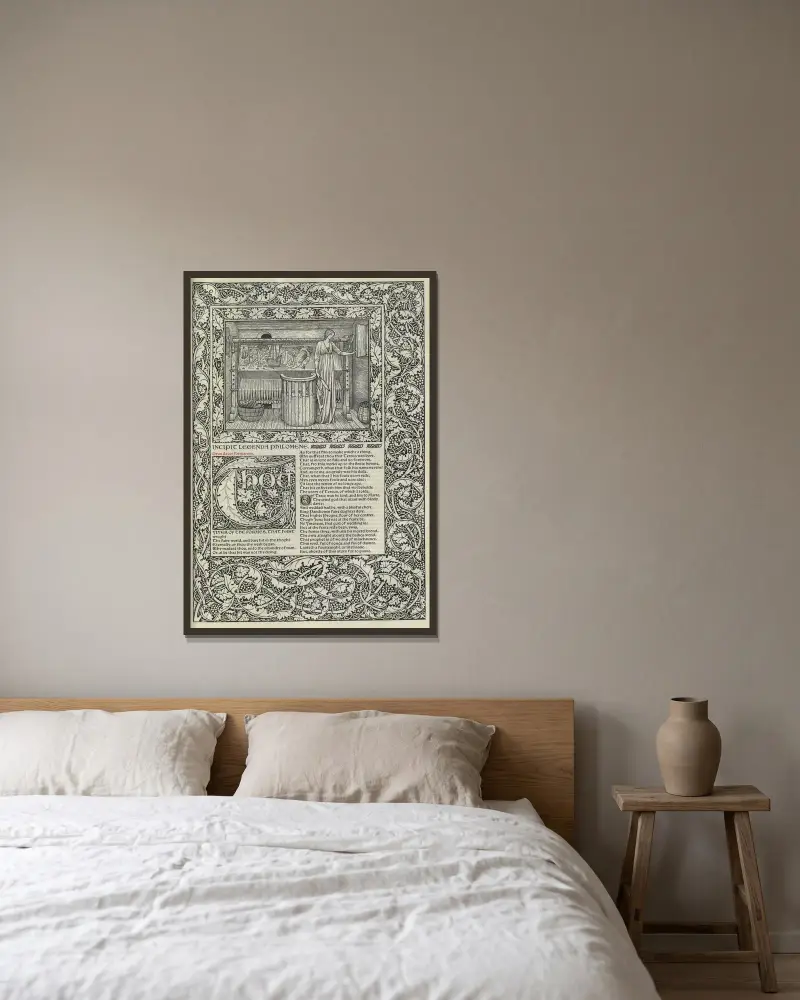 The works of Geoffrey Chaucer Pl.68 av Sir Edward Coley Burne-Jones inramad på en vägg