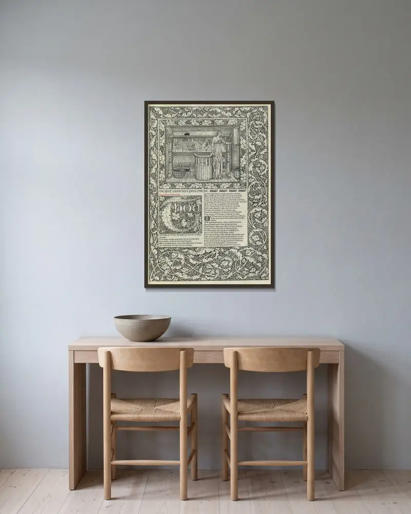 The works of Geoffrey Chaucer Pl.68 av Sir Edward Coley Burne-Jones inramad på en vägg