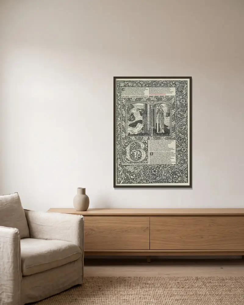 The works of Geoffrey Chaucer Pl.69 av Sir Edward Coley Burne-Jones inramad på en vägg