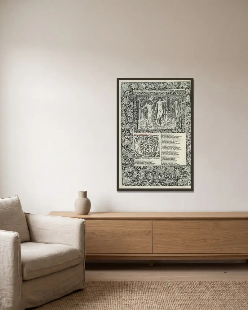 The works of Geoffrey Chaucer Pl.71 av Sir Edward Coley Burne-Jones inramad på en vägg