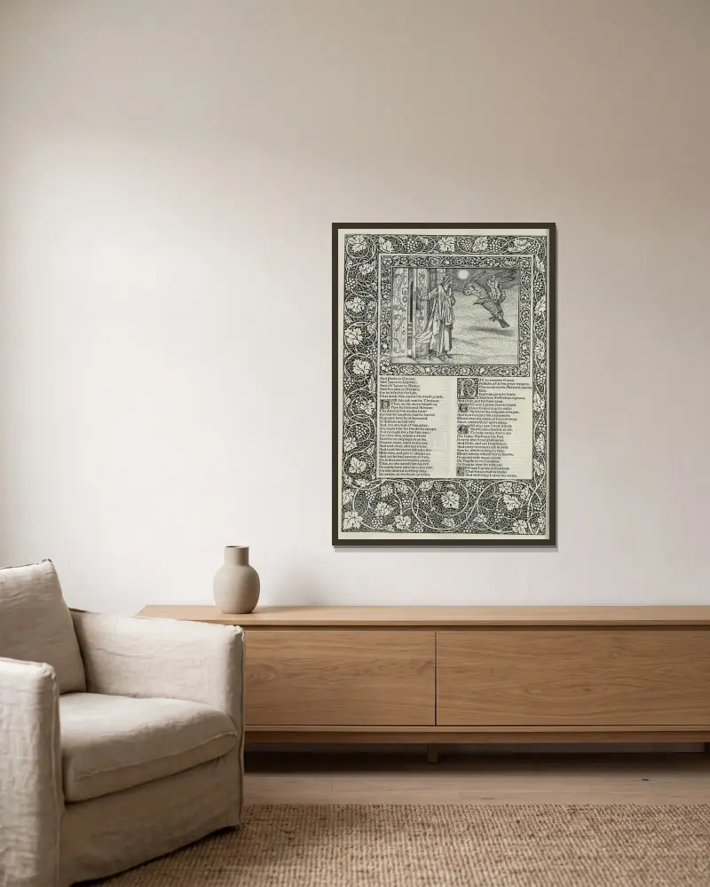 The works of Geoffrey Chaucer Pl.72 av Sir Edward Coley Burne-Jones inramad på en vägg
