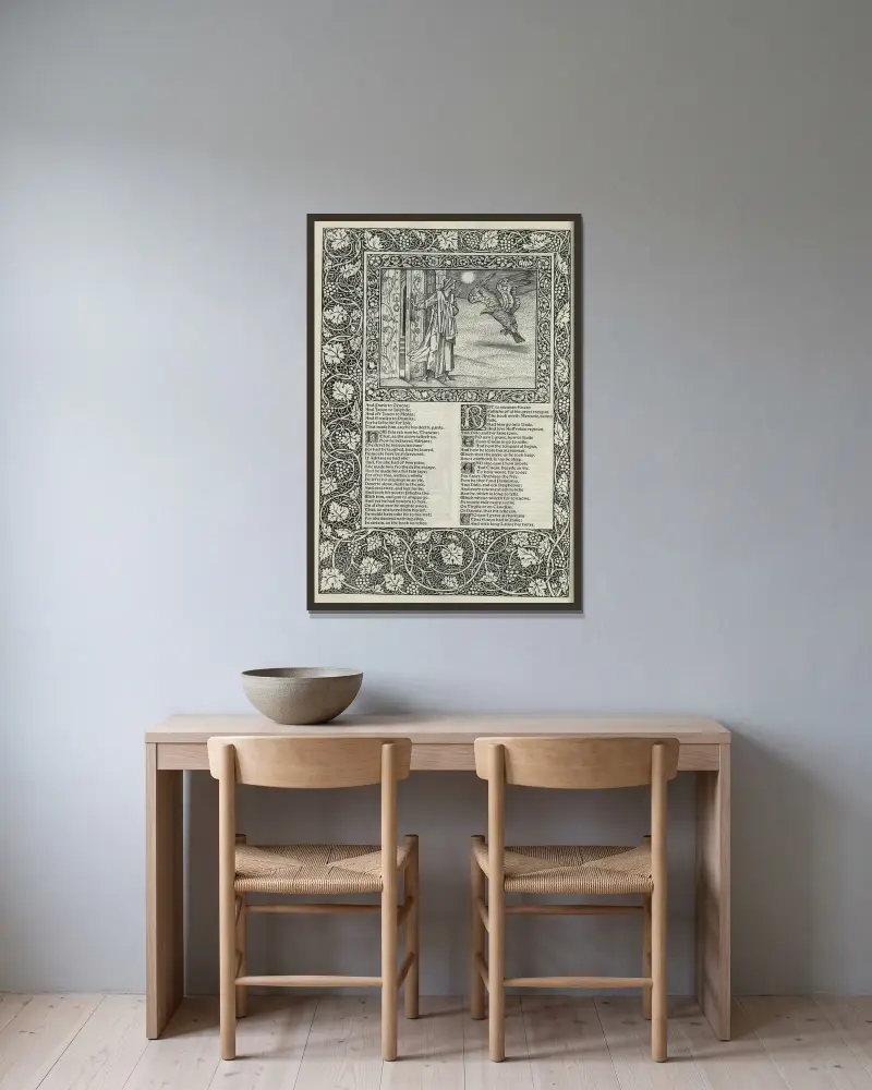 The works of Geoffrey Chaucer Pl.72 av Sir Edward Coley Burne-Jones inramad på en vägg