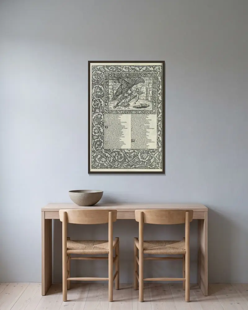 The works of Geoffrey Chaucer Pl.73 av Sir Edward Coley Burne-Jones inramad på en vägg