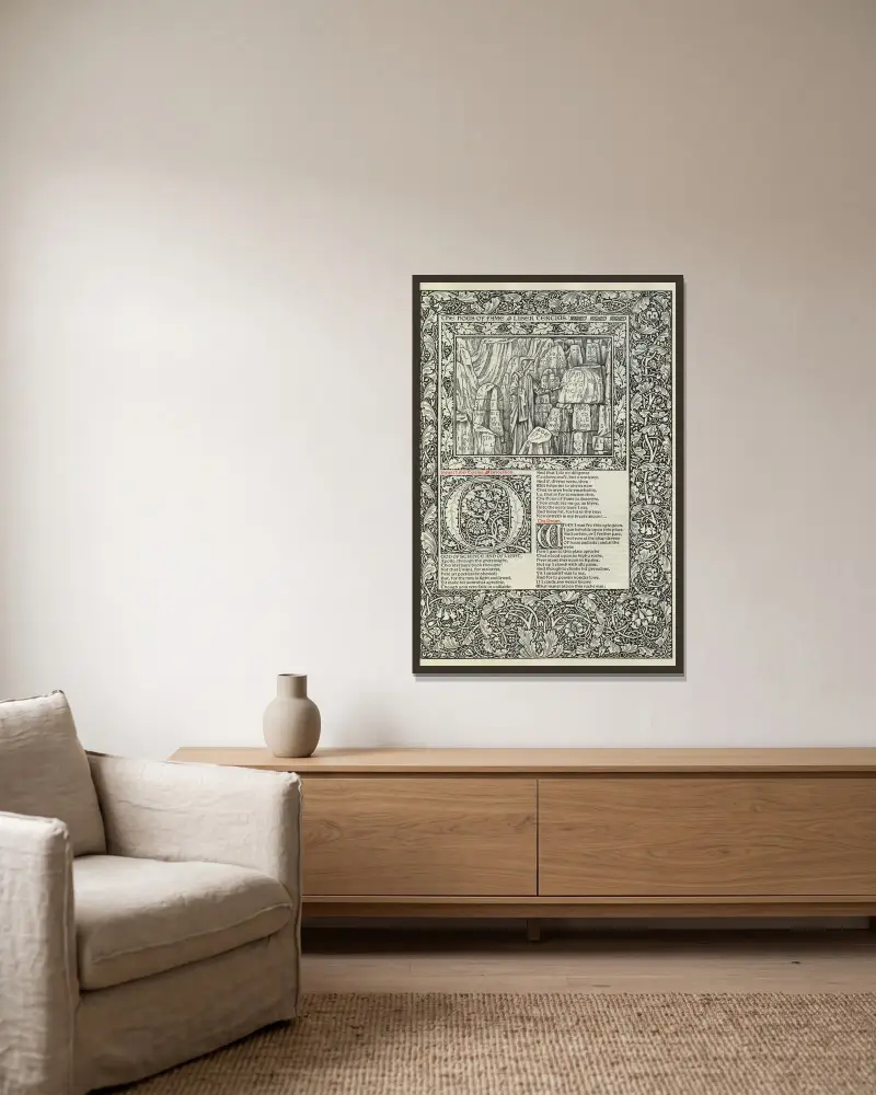 The works of Geoffrey Chaucer Pl.74 av Sir Edward Coley Burne-Jones inramad på en vägg