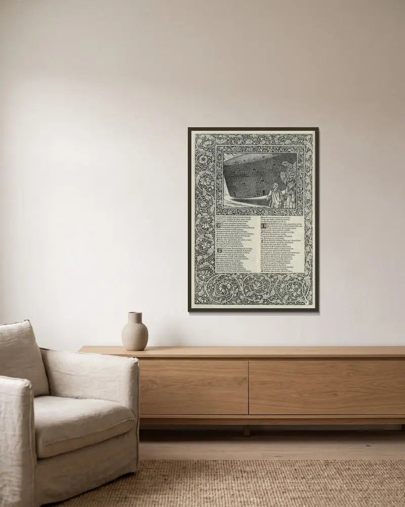 The works of Geoffrey Chaucer Pl.76 av Sir Edward Coley Burne-Jones inramad på en vägg