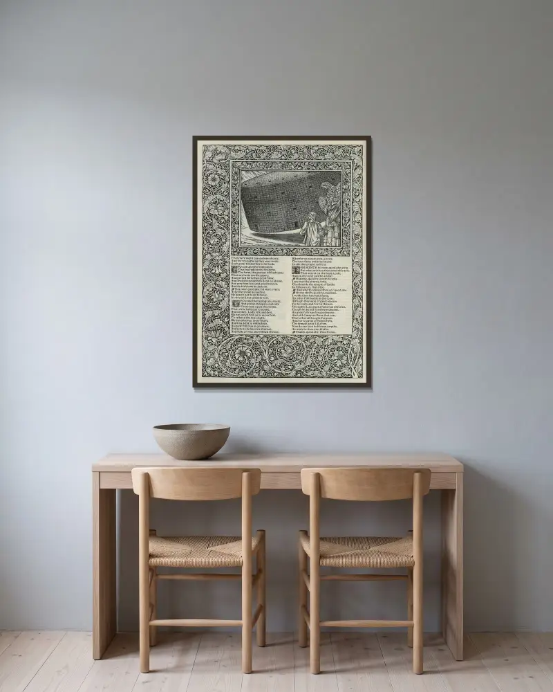 The works of Geoffrey Chaucer Pl.76 av Sir Edward Coley Burne-Jones inramad på en vägg