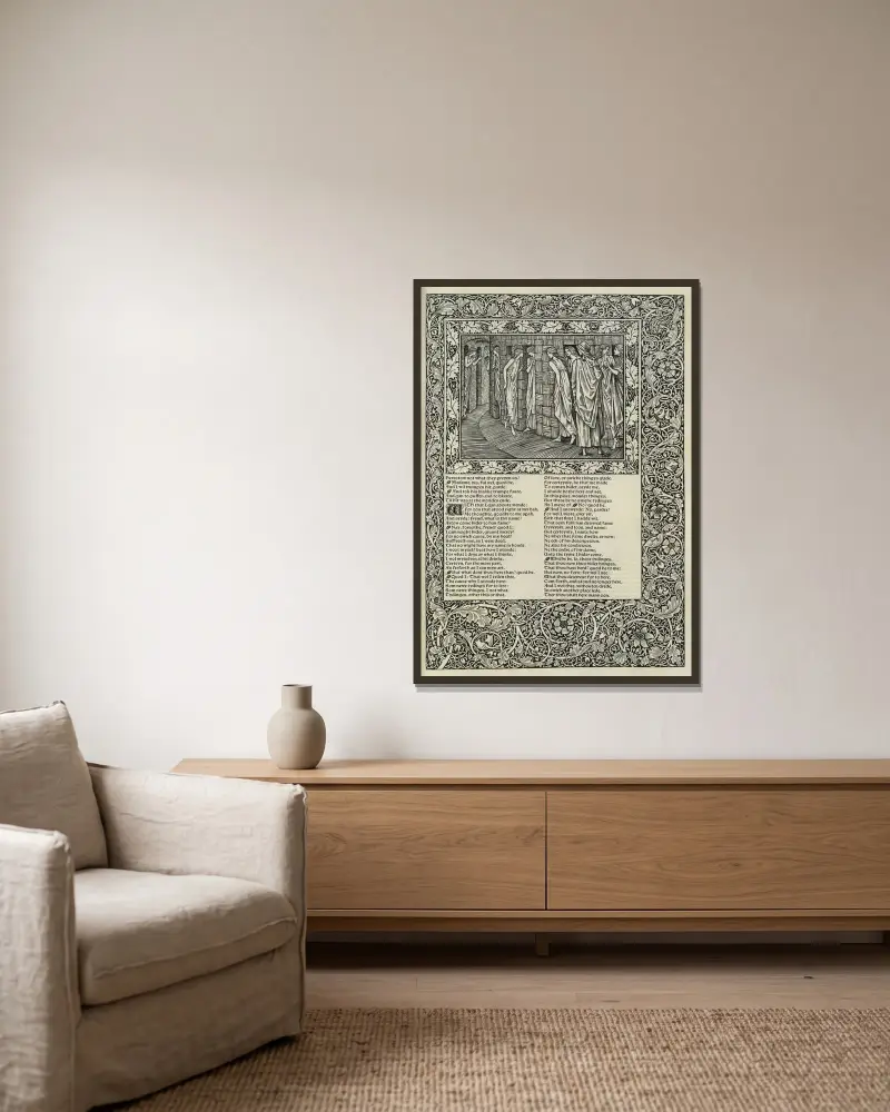 The works of Geoffrey Chaucer Pl.77 av Sir Edward Coley Burne-Jones inramad på en vägg