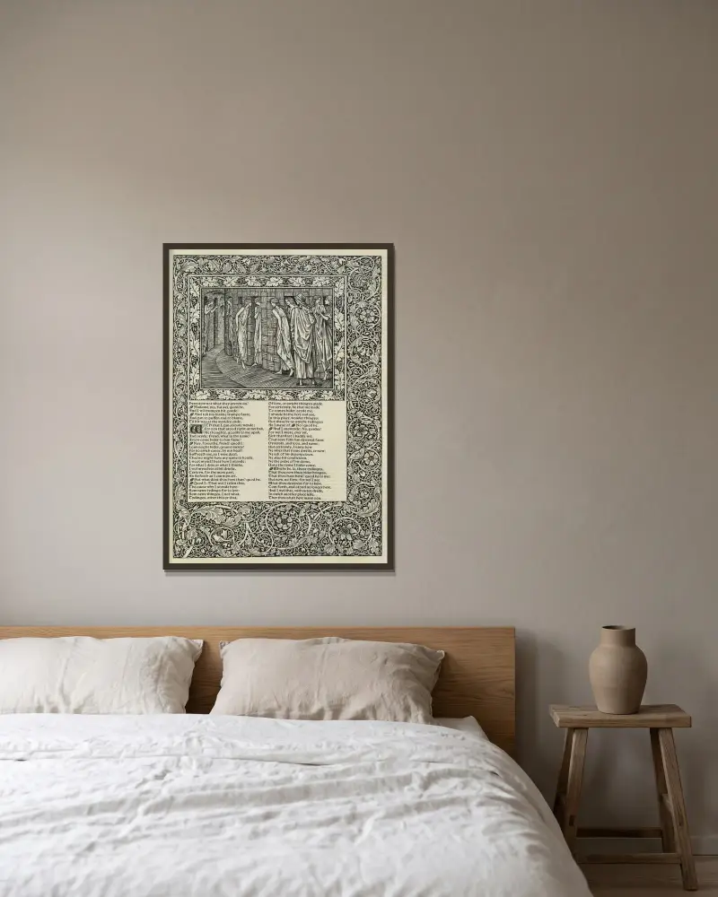 The works of Geoffrey Chaucer Pl.77 av Sir Edward Coley Burne-Jones inramad på en vägg