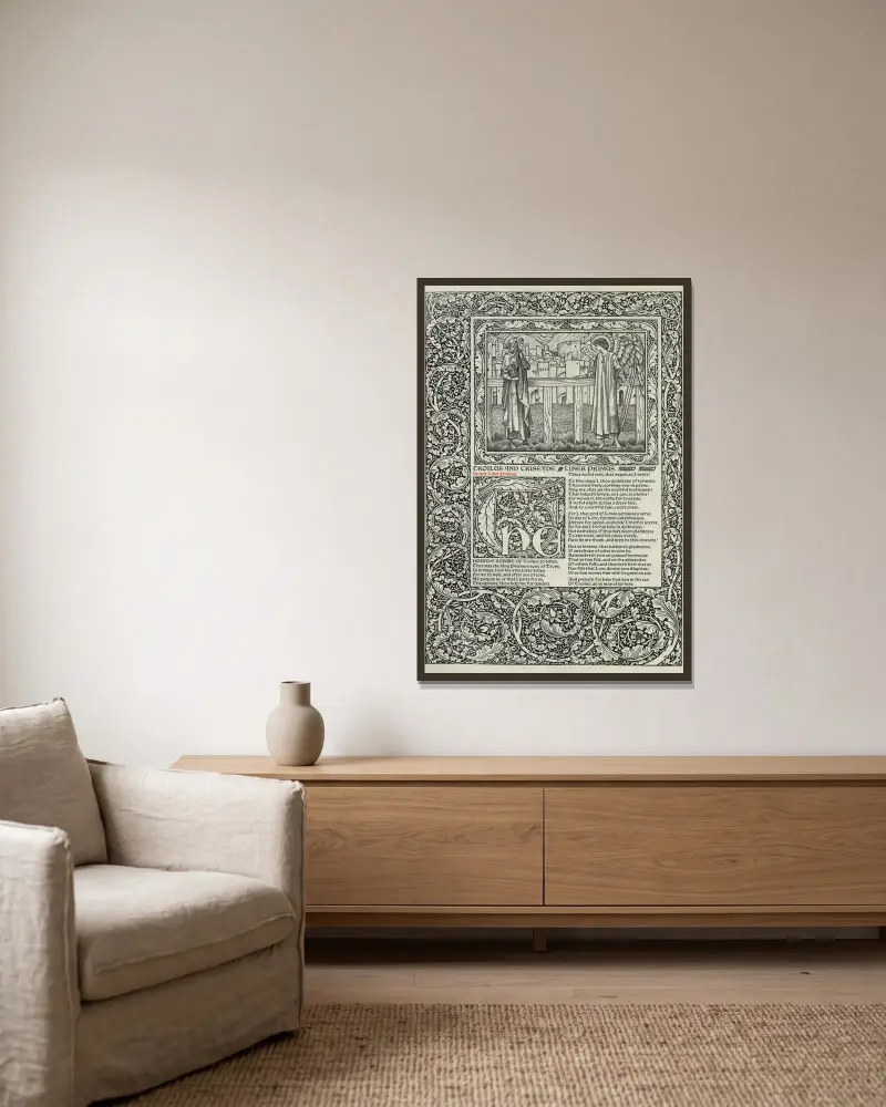 The works of Geoffrey Chaucer Pl.78 av Sir Edward Coley Burne-Jones inramad på en vägg