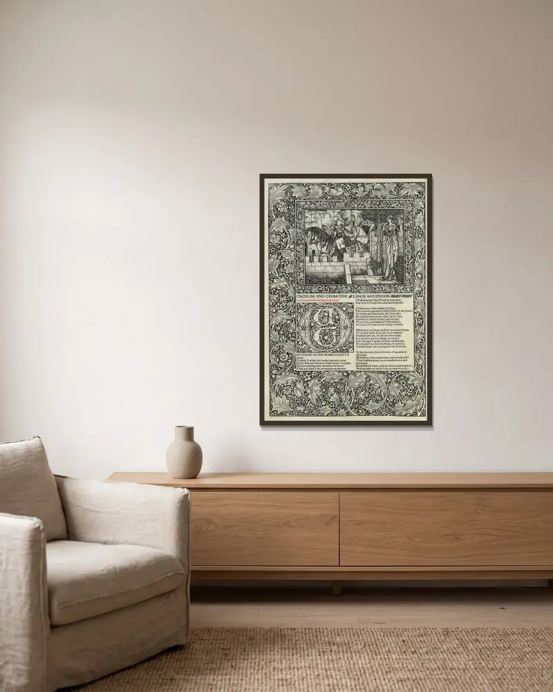 The works of Geoffrey Chaucer Pl.80 av Sir Edward Coley Burne-Jones inramad på en vägg