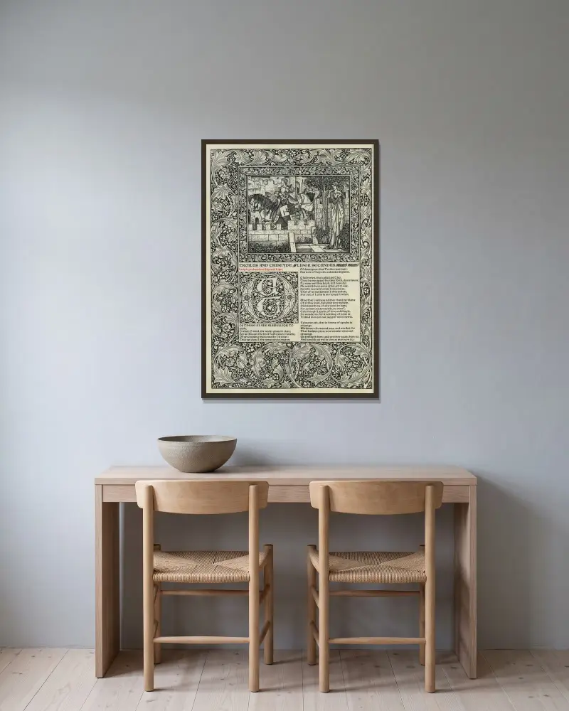 The works of Geoffrey Chaucer Pl.80 av Sir Edward Coley Burne-Jones inramad på en vägg
