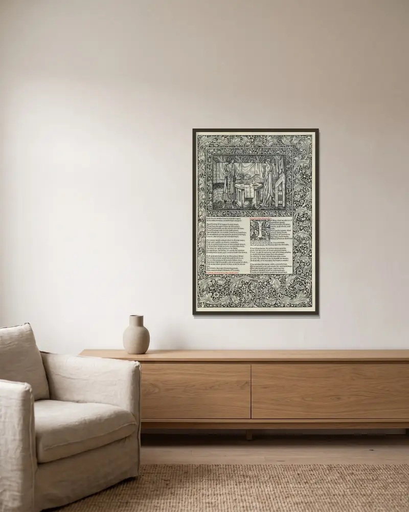 The works of Geoffrey Chaucer Pl.81 av Sir Edward Coley Burne-Jones inramad på en vägg