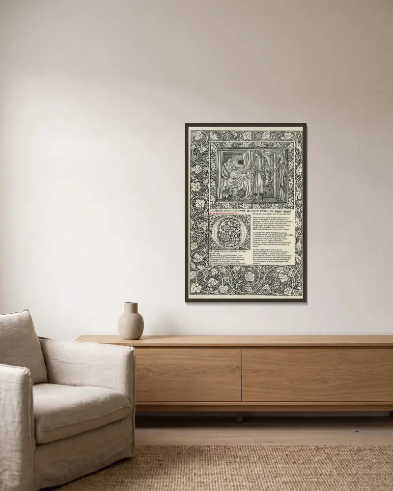The works of Geoffrey Chaucer Pl.82 av Sir Edward Coley Burne-Jones inramad på en vägg