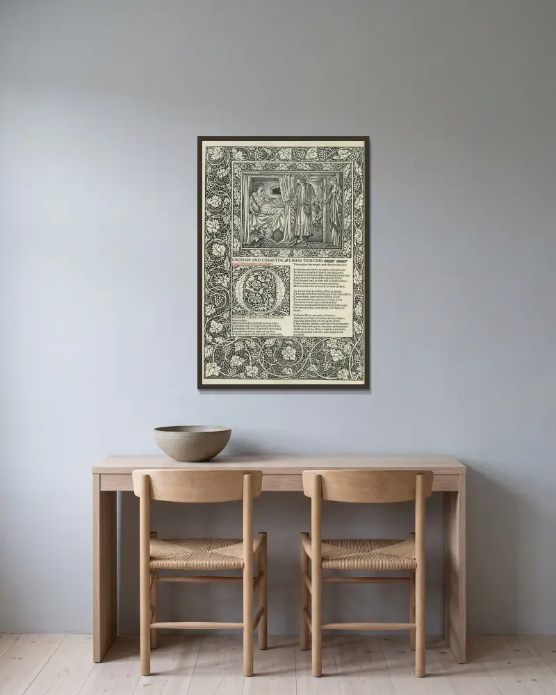 The works of Geoffrey Chaucer Pl.82 av Sir Edward Coley Burne-Jones inramad på en vägg