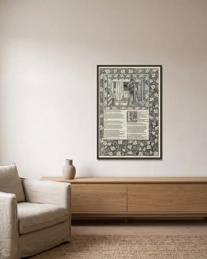 The works of Geoffrey Chaucer Pl.83 av Sir Edward Coley Burne-Jones inramad på en vägg